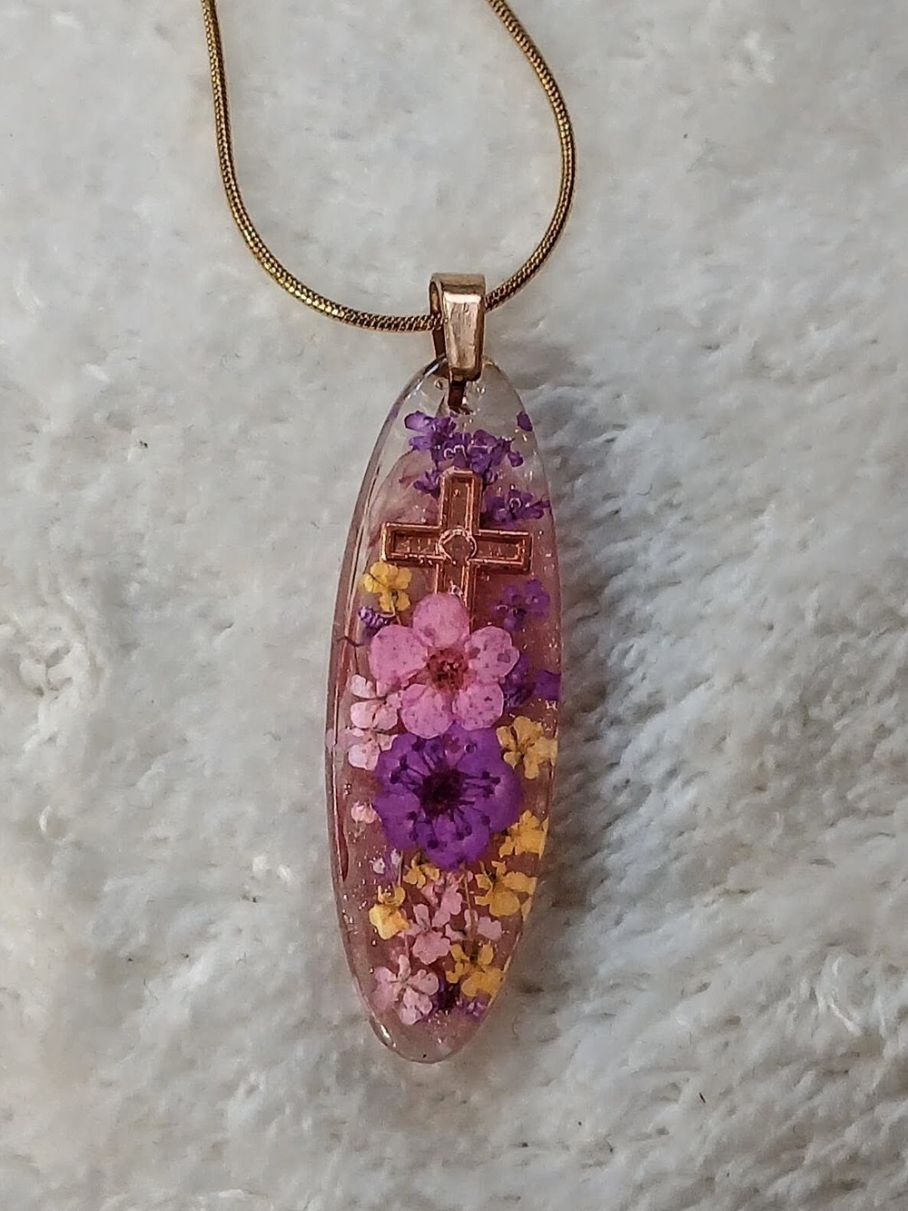 Delicate Purple & Pink Floral Cross Resin Pendant Necklace